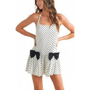 NEW KNIT & LOUNGE polka dot halter babydoll mini dress in white